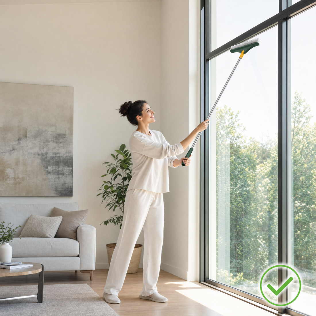 Woman cleaning a window track standing upright with the Gapzy brush