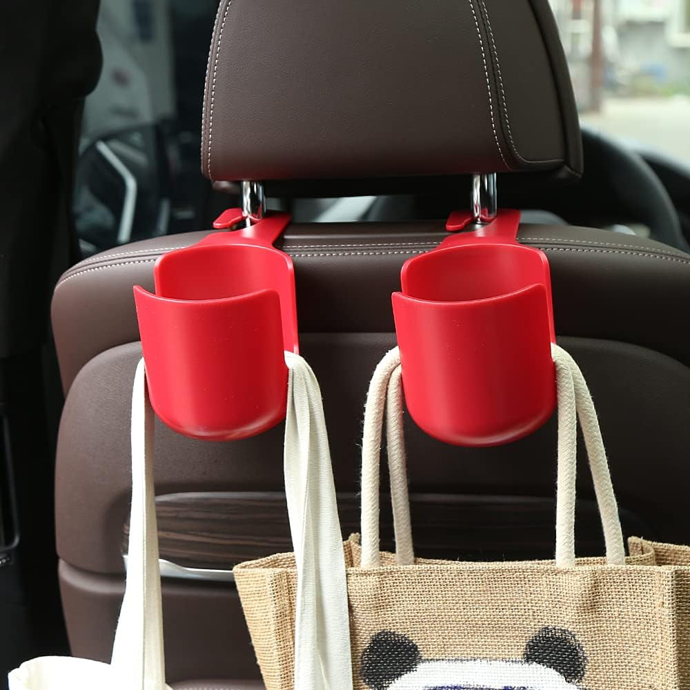 Car Seat Headrest Hook Organizer with Cup Holder - Universal Vehicle Storage Hanger for Handbags, Groceries, Backseat Organizer, Car Accessories Fit All Cars (Red)