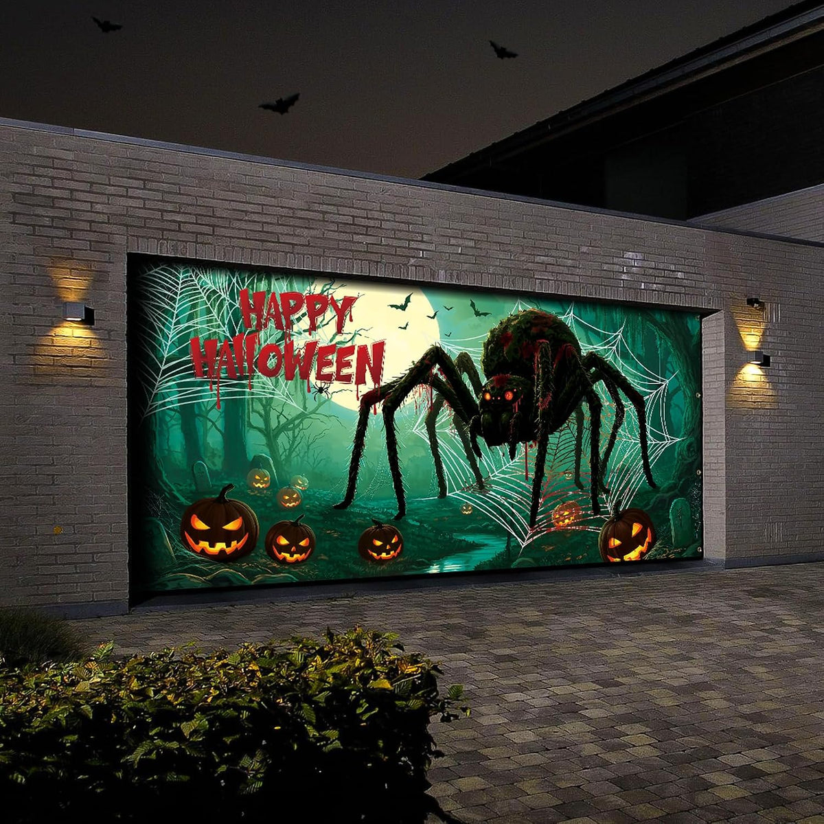 Scary Halloween Garage Door Cover, 7X16Ft Spider Web Backdrop