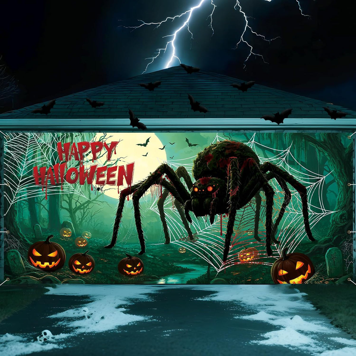 Scary Halloween Garage Door Cover, 7X16Ft Spider Web Backdrop