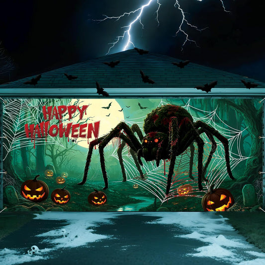 Scary Halloween Garage Door Cover, 7X16Ft Spider Web Backdrop