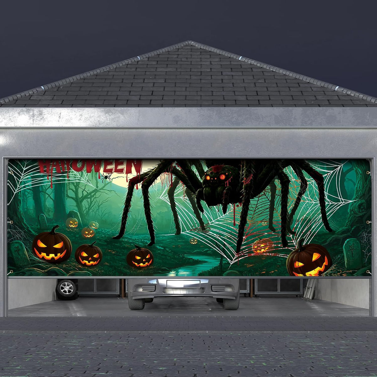 Scary Halloween Garage Door Cover, 7X16Ft Spider Web Backdrop