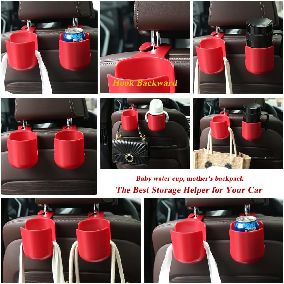 Car Seat Headrest Hook Organizer with Cup Holder - Universal Vehicle Storage Hanger for Handbags, Groceries, Backseat Organizer, Car Accessories Fit All Cars (Red)
