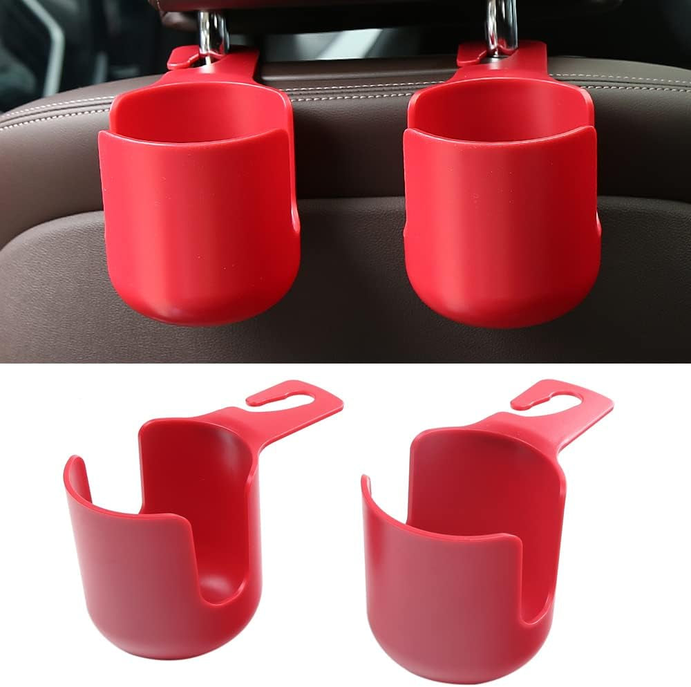 Car Seat Headrest Hook Organizer with Cup Holder - Universal Vehicle Storage Hanger for Handbags, Groceries, Backseat Organizer, Car Accessories Fit All Cars (Red)