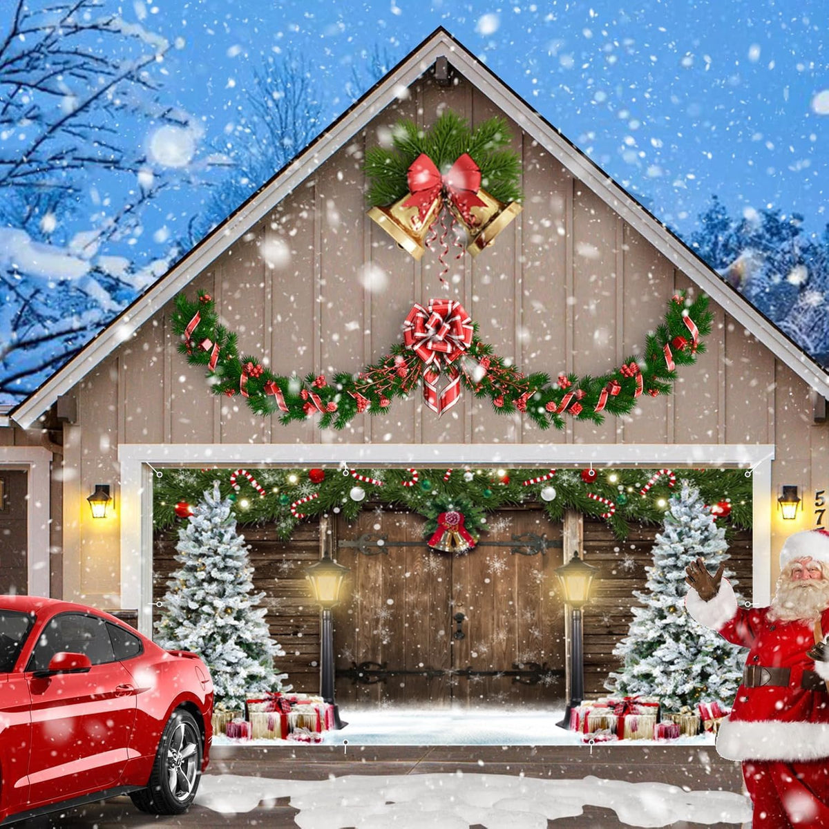 Christmas Garage Door Banner Cover 7X16Ft Large 2 Car Christmas Garage Door Decorations Winter Snow Garage Door Cover