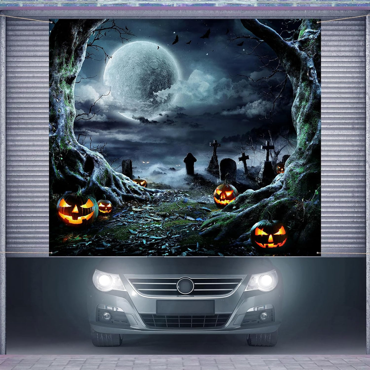 7 X 8 Ft Halloween Garage Door Cover Graveyard Horror Scene Banner
