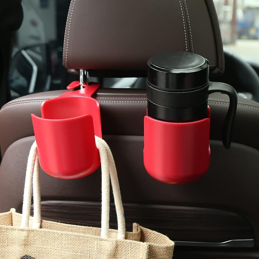 Car Seat Headrest Hook Organizer with Cup Holder - Universal Vehicle Storage Hanger for Handbags, Groceries, Backseat Organizer, Car Accessories Fit All Cars (Red)