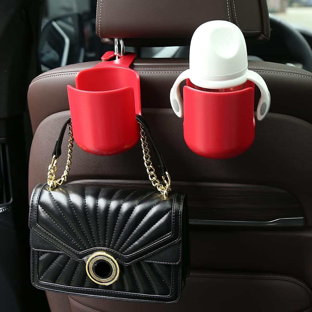 Car Seat Headrest Hook Organizer with Cup Holder - Universal Vehicle Storage Hanger for Handbags, Groceries, Backseat Organizer, Car Accessories Fit All Cars (Red)
