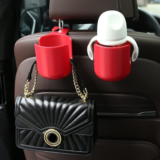 Car Seat Headrest Hook Organizer with Cup Holder - Universal Vehicle Storage Hanger for Handbags, Groceries, Backseat Organizer, Car Accessories Fit All Cars (Red)