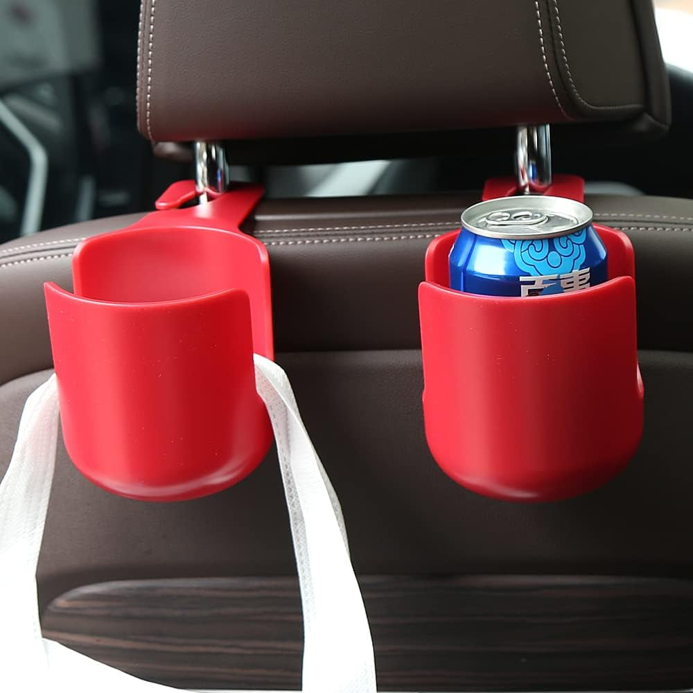 Car Seat Headrest Hook Organizer with Cup Holder - Universal Vehicle Storage Hanger for Handbags, Groceries, Backseat Organizer, Car Accessories Fit All Cars (Red)