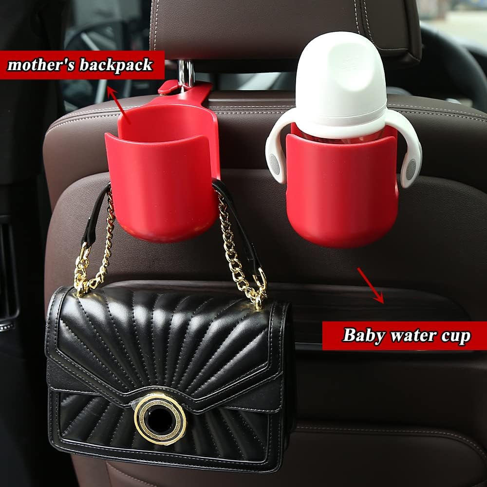 Car Seat Headrest Hook Organizer with Cup Holder - Universal Vehicle Storage Hanger for Handbags, Groceries, Backseat Organizer, Car Accessories Fit All Cars (Red)