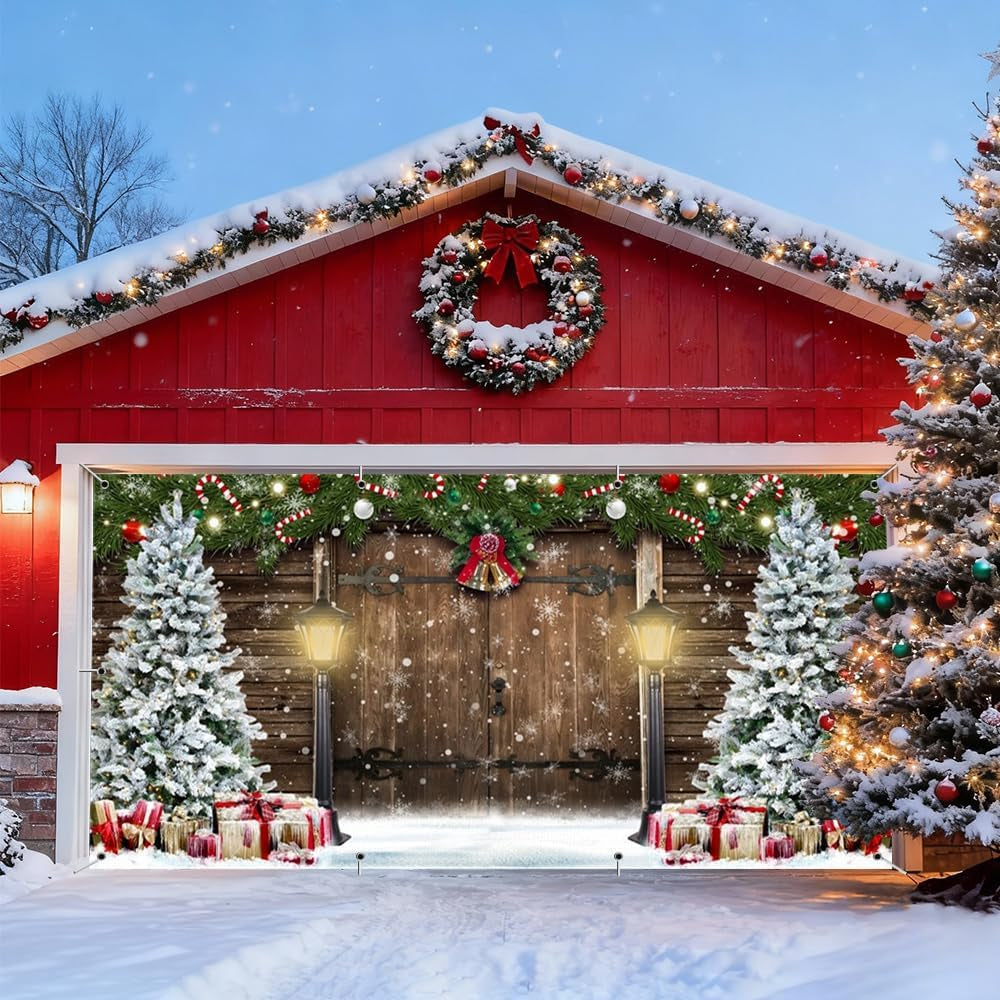 Christmas Garage Door Banner Cover 7X16Ft Large 2 Car Christmas Garage Door Decorations Winter Snow Garage Door Cover