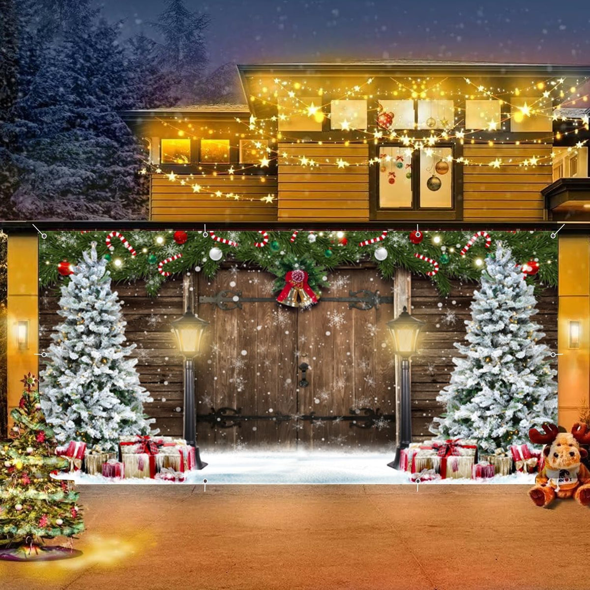 Christmas Garage Door Banner Cover 7X16Ft Large 2 Car Christmas Garage Door Decorations Winter Snow Garage Door Cover