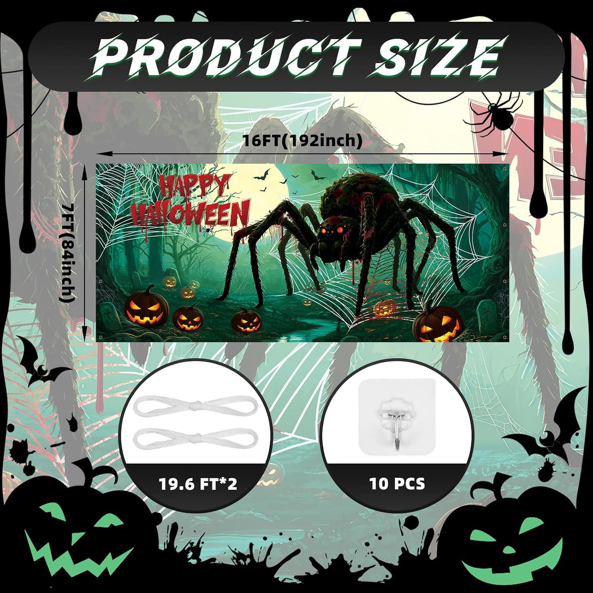 Scary Halloween Garage Door Cover, 7X16Ft Spider Web Backdrop
