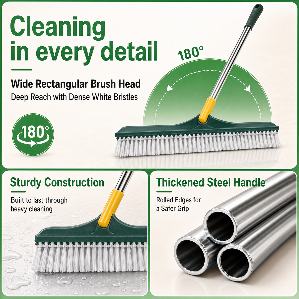 Gapzy brush construction detail: wide bristle head, 180 degree swivel, thickened steel handle
